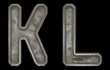 Set of capital letters K and L made of industrial metal on black background. 3d