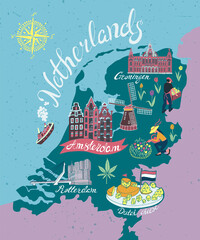 Illustrated map of Netherlands. Attractions and national symbols of the country
