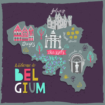 Illustrated map of Belgium. Landmarks and national symbols of the country