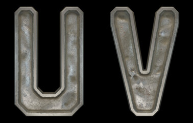 Set of capital letters U and V made of industrial metal on black background. 3d