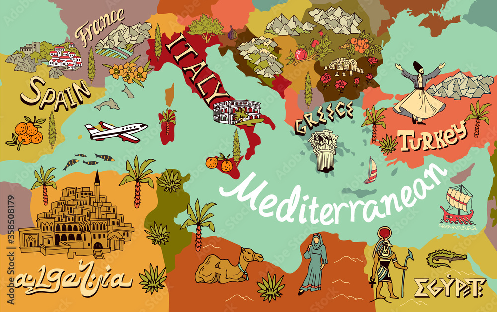 Wall mural illustrated map of mediterranean. landmarks and national symbols of the countries