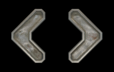 Set of symbols left and right angle bracket made of industrial metal on black background 3d