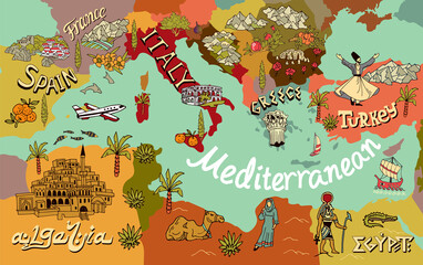 Illustrated map of Mediterranean. Landmarks and national symbols of the countries