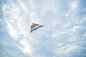 Young brunette woman, wearing casual clothes green t-shirt, playing with colorful kite on green field meadow in summer, running, jumping. Family leisure activity at natural rural landscape.