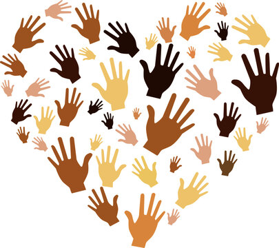 Illustration of different colored hands forming shape of heart. Vector image with transparent background. 