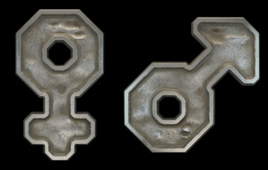 Set of symbols female and male made of industrial metal on black background 3d