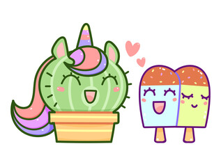 Fototapeta premium Kawaii cactus unicorn with ice cream friends, happy cartoon vector
