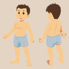 Boy body front view and rearview. Children's body for teaching. Body details.The diagram parts of the body. Cartoon vector illustration isolated