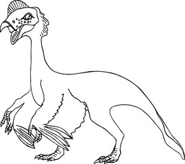 Oviraptor. Dangerous winged dinosaur in cartoon style. Outline vector animal isolated on white background. Hand draw coloring books for adults and childrens.
