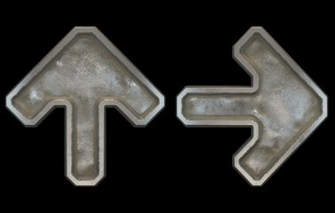 Set of symbols up arrow and right arrow made of industrial metal on black background 3d