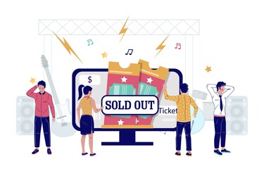 Concert tickets sold out concept vector flat illustration. Disappointed people standing in front of computer with sold out tickets for music event on screen.