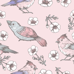Seamless pattern with hand drawn flowers and birds
