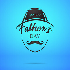 Happy Fathers Day Calligraphy greeting card Vector illustration of Father Face with Hat mustache on blue color background with Shadow. 