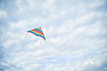 Young brunette woman, wearing casual clothes green t-shirt, playing with colorful kite on green field meadow in summer, running, jumping. Family leisure activity at natural rural landscape.