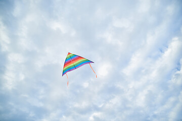Young brunette woman, wearing casual clothes green t-shirt, playing with colorful kite on green field meadow in summer, running, jumping. Family leisure activity at natural rural landscape.