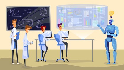 Artificial intelligence science technology flat vector illustration. Cartoon humanoid robot teacher character teaching scientist people team, ai creative idea and tech education concept background
