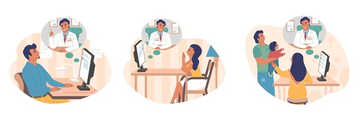 Online doctor patient communication set, vector flat isolated illustration. Physician from laptop computer consulting man, woman, family. Online medical consultation, virtual doctor visit, live chat.