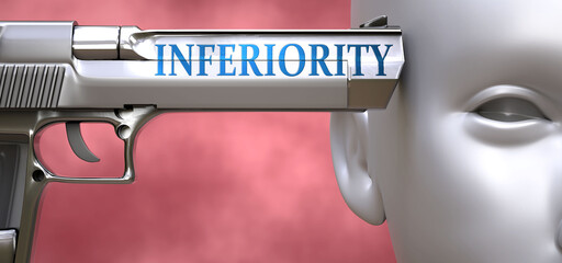Inferiority can be dangerous or deadly for people - pictured as word Inferiority on a pistol terrorizing a person to show that Inferiority can be unsafe for mental or physical health, 3d illustration