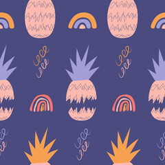 Pineapple seamless pattern. Geometric lines. Pattern, fabric, paper, textile, background. Vector illustration in a modern style.