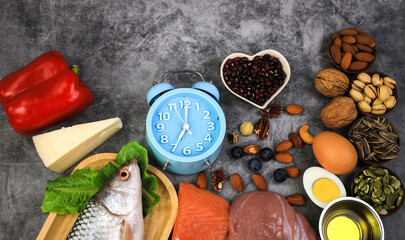 Selection of food that is good for the heart and Keto or ketogenic food diet as a low carb and high fat food eating lifestyle,