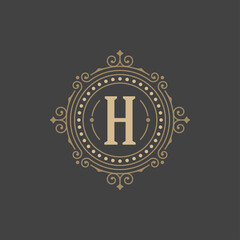 Naklejka premium Vintage logo monogram template vector elegant flourishes ornaments with ornate frame border design