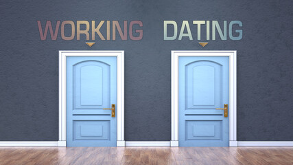 Working and dating as a choice - pictured as words Working, dating on doors to show that Working and dating are opposite options while making decision, 3d illustration