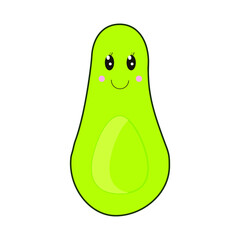 Cute cartoon avocado. Kawaii avocado. Vector illustration. Element design. Flat icon of avocado isolated on white background. Green avocado. Nice,smilling fruit.