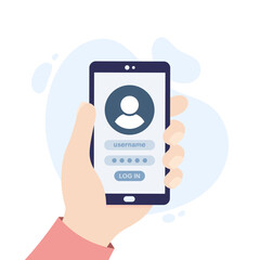 Log in page on smartphone. Hand holding a smartphone.