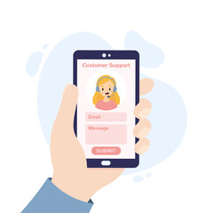 Customer support page on a smartphone. Person using the customer service page on a phone. Hand holding a smartphone.