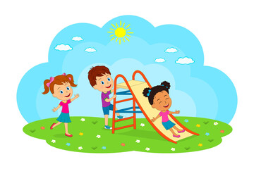 little cartoon kids play on the slide, illusyration,vector