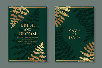 Modern luxury wedding invitation design or card templates for business or presentation or greeting with golden fern leaves on a green background.