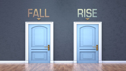 Fall and rise as a choice - pictured as words Fall, rise on doors to show that Fall and rise are opposite options while making decision, 3d illustration