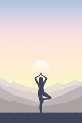 girl makes yoga on mountain landscape vector illustration EPS10