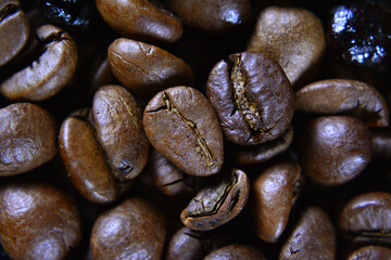 Group of roasted coffee beans in background