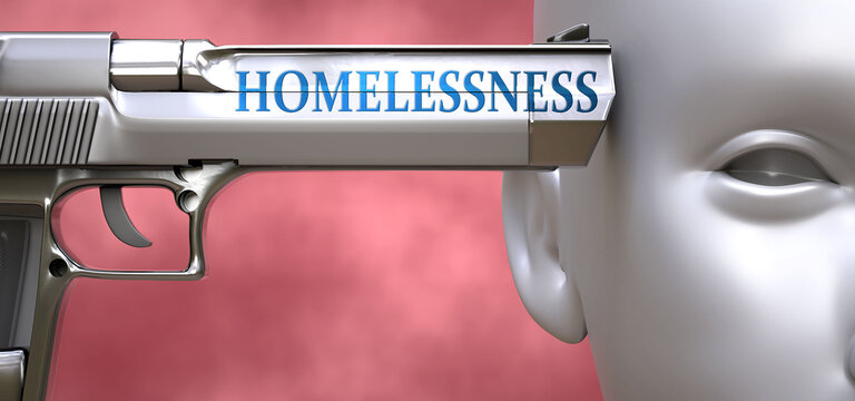 Homelessness can be dangerous for people - pictured as word Homelessness on a pistol terrorizing a person to show that it can be unsafe or unhealthy, 3d illustration