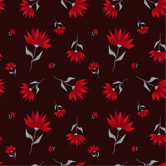 Fototapeta na wymiar Seamless pattern with crimson flowers. Burgundy background. Wallpaper.
