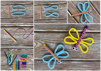 Collage of 6 photos, how to make a children's craft dragonfly from a wooden stick and soft wire.