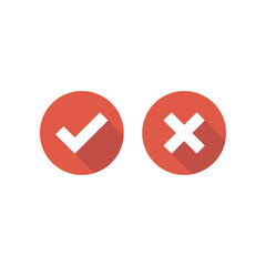 Set of check mark icons. Squared white tick and cross with shadow in red circle.
