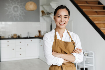 Smiling attractive young asian woman wearing apron