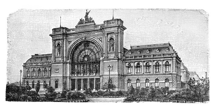 Budapest train station Hungary / Illustration from Brockhaus Konversations-Lexikon 1908
