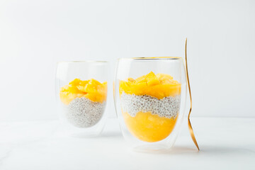 Homemade 4 Ingredient Mango Chia Pudding made with Almond or Coconut Milk in the Double Wall Glass...