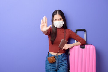 portrait of young traveler woman with face mask , New normal travel concept