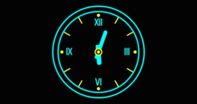 Animation of rotation neon clock, seamless loop. Full 12-hour cycle in 6 seconds. Roman numerals