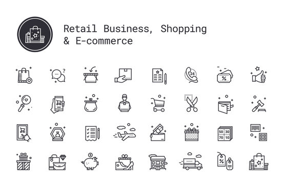Retail business, shopping, e-commerce thin line icons. On-line shop, commerce, goods and money pictograms. Auction, airmail, courier delivery, sale coupon, wish list, delivery track, cash back service