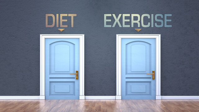 Diet and exercise as a choice - pictured as words Diet, exercise on doors to show that Diet and exercise are opposite options while making decision, 3d illustration