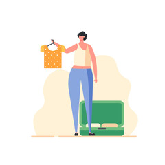 Young woman puts clothes in suitcase in vacation. Isolated female tourist character with bag. Concept of summer travel, tourism, activity. Vector illustration in cartoon flat design