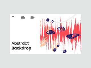 Abstract homepage illustration. Colorful lines, spots, dots, eyes and paint strokes. Decorative chaotic background, backdrop. Hand drawn texture, different shapes and textures. Eps10 vector.