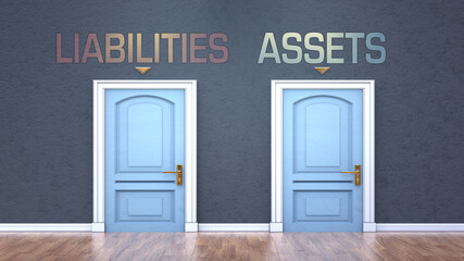 Liabilities and assets as a choice - pictured as words Liabilities, assets on doors to show that Liabilities and assets are opposite options while making decision, 3d illustration