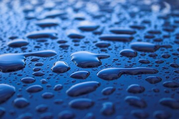 Rain beads on a blue surface 