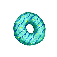 Watercolor Donuts bitten, plump Bright Delicious. National Donut Day.  Baking Design for menu, bakery, fabric, paper, package, box. Isolated on a white background. round donut with green glaze